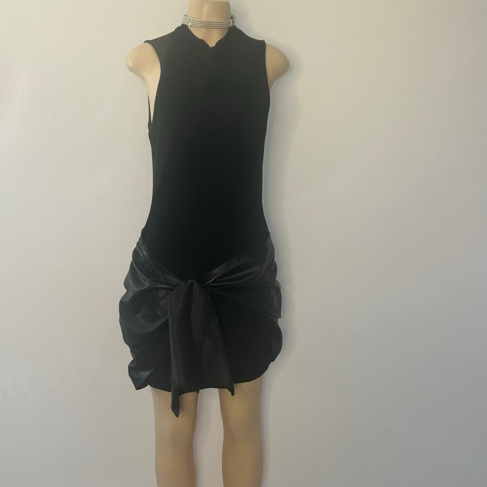 MICAS Black Mock Neck Ruched Faux Leather Tie Mini Dress Women’s Large Goth